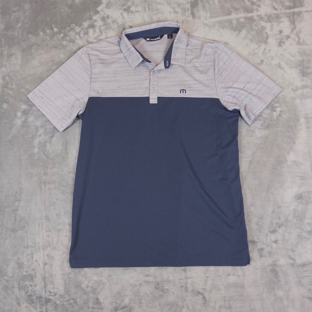 TravisMathew Polo Shirt Mens Large Blue Grey Colorblock Short Sleeve Golf Top